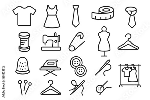 Sewing and tailoring line icon set. Vector collection of garment, fashion, and clothing symbols. Editable stroke for design. Includes needle, thread, machine, and mannequin.