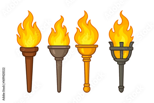 Set of torches with fire flame. Olympic, medieval, and ancient styles. Vector cartoon illustration for sport games, victory symbol or design element. Flat icon collection.