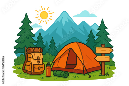 Camping adventure in mountains. Summer camp scene with tent, backpack, and signpost. Hiking and trekking concept. Outdoor nature exploration, travel vector illustration.
