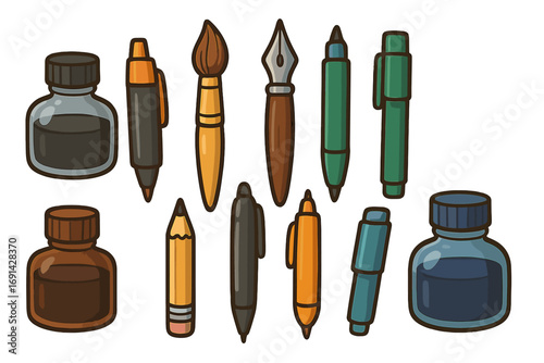 Writing tools and art supplies icon set. Vector cartoon illustration of pen, pencil, fountain pen, paintbrush, and ink bottle. For drawing, calligraphy, and school.