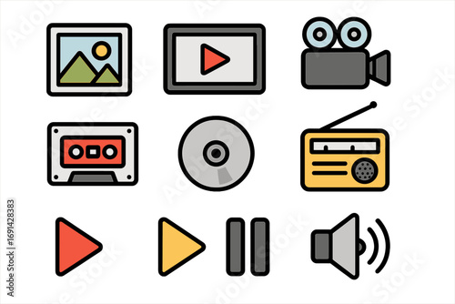Set of multimedia icons. Video, audio, photo formats. Player control buttons like play, pause. Retro media like cassette, radio, film camera and modern CD. Vector symbol.