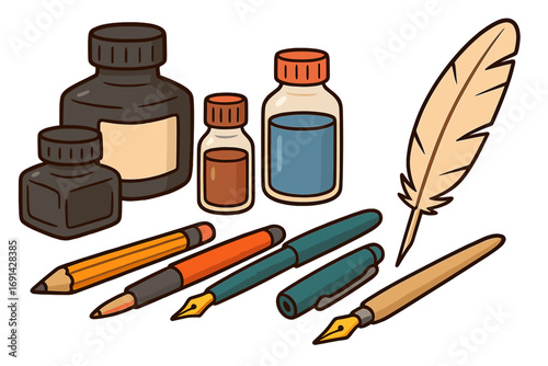 Vector set of various writing instruments. Feather quill, fountain pens, ink bottles for calligraphy and drawing. Education, history, literature, writer and poet tools.