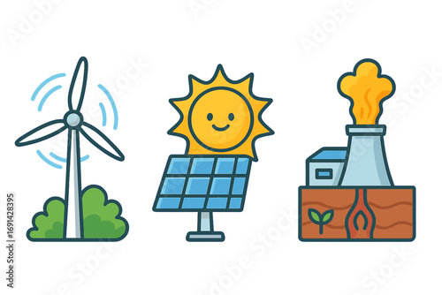Sustainable energy icon set. Wind turbine, solar panel with sun, and geothermal power plant symbols. Renewable, green energy concepts. Vector cartoon illustration collection.