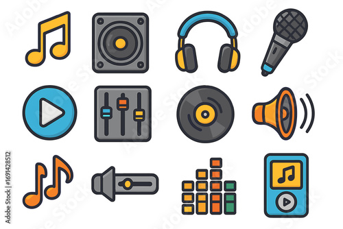 Music and audio icon set. Vector collection of modern symbols for sound, player, headphones, microphone, speaker, note, play button, record, and DJ mixing equipment. Cartoon style.