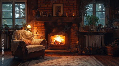 Cozy Fireplace Scene in Rustic Cabin