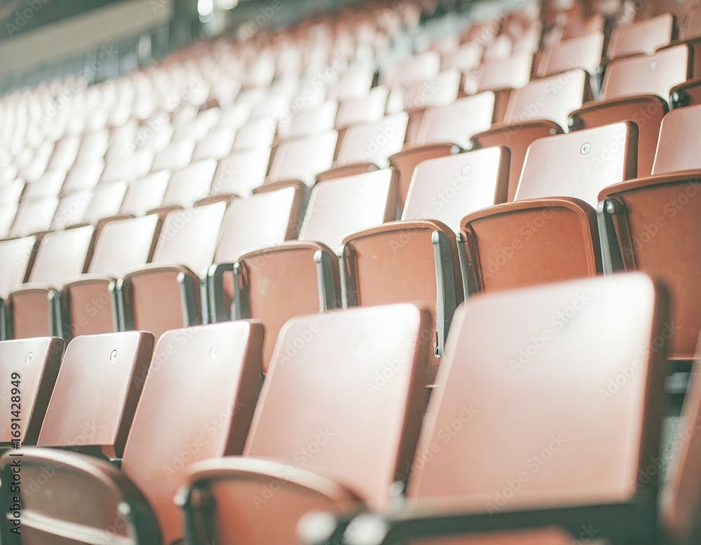 Fototapeta premium Empty reddish-brown seating rows in a large arena or theater, conveying anticipation or post-event quiet. Ideal for sports, concerts, and venue themes.