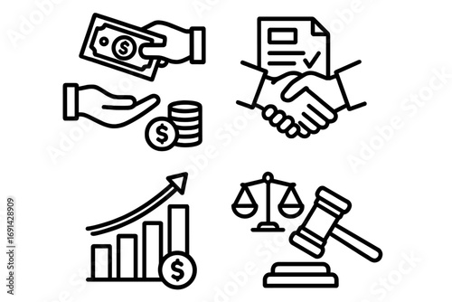 Financial and legal icon set. Business transaction, contract agreement, investment growth chart, auction and law justice symbols. Finance, economy and legal vector concepts.