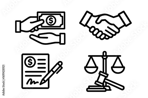 Set of business and finance line icons. Vector symbols of handshake for agreement, payment transaction, signing a contract, and law justice with gavel and scales. Legal deal.