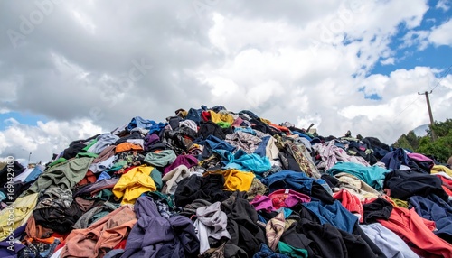 Massive pile of colorful discarded clothes under a cloudy sky, illustrating textile waste, fast fashion's environmental impact, and global overconsumption.