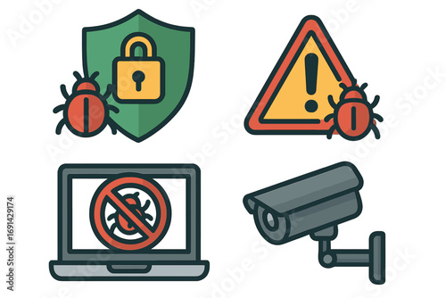 Cybersecurity icon set with virus and malware protection symbols. Vector illustration of a security shield, warning sign, antivirus on laptop, and surveillance camera.