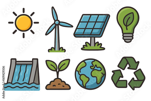 Renewable energy icon set. Green power concept. Solar panel, wind turbine, sun, and hydro dam symbols. Ecology, environment, sustainability, recycling vector illustration.