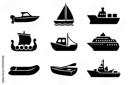 Boat and ship silhouette icon set. Vector collection of water transport symbols. Includes speedboat, sailboat, cargo ship, cruise liner, warship, Viking drakkar, rowboat.