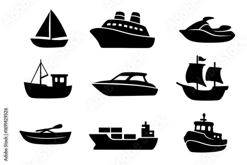 Boat and ship icon set. Maritime transport silhouettes collection. Vector graphic of cruise, cargo ship, sailboat, yacht, fishing boat, jet ski, tugboat, historic vessel.