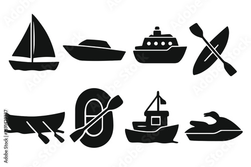 Boat silhouette vector icon set. Collection of various watercraft. Ship, sailboat, speedboat, fishing boat, canoe, kayak, inflatable boat and jet ski. Water transport.