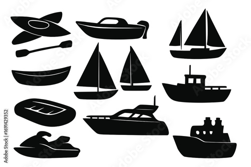 Boat silhouettes vector icon set. Collection of watercraft: yacht, sailboat, speedboat, fishing boat, ship, kayak, canoe, paddle, jet ski, and inflatable raft. Nautical transport.