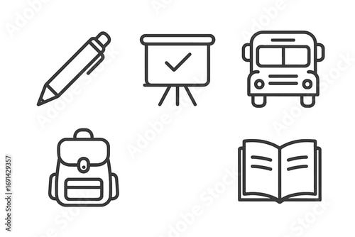 School and education line icon set. Back to school concept with bus, book, backpack, pen, presentation symbols. Editable stroke vector pictograms for web and app design.