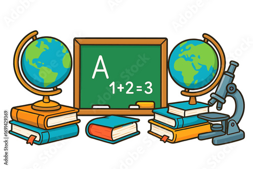 Education concept with school supplies. Globe, books, microscope, and chalkboard. Back to school vector illustration. Classroom learning, science, and geography study tools.