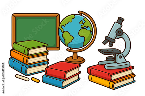 Back to school concept. School supplies illustration. Education, learning, study. Vector icons set with books, globe, chalkboard, microscope. Science, geography, biology.