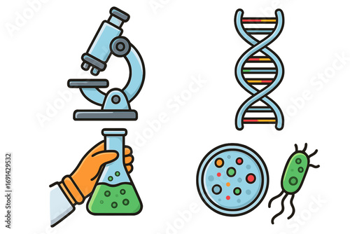 Microbiology and biology lab icon collection. Vector cartoon illustrations of microscope, DNA helix, petri dish, bacteria, and chemical flask for scientific research, experiment.