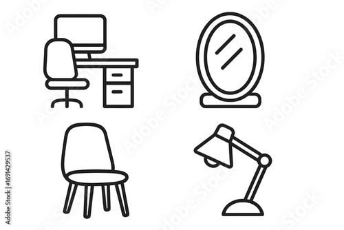 Furniture and interior icons set. Vector line art symbols of a workplace with a desk, office chair, mirror, and table lamp for infographics, web design, articles and books.