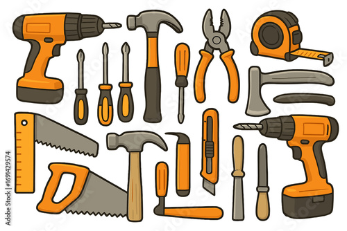 Cartoon tool kit vector illustration. Set of construction and repair icons. Hammer, saw, drill, screwdriver for DIY, carpentry or handyman projects. Isolated workshop equipment.