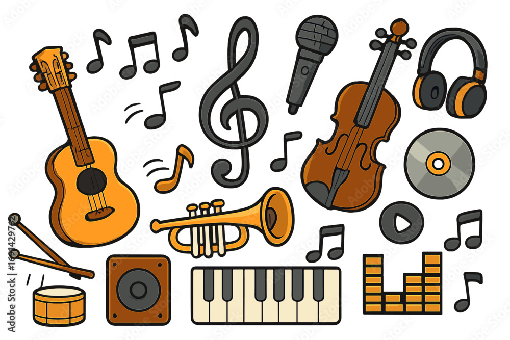 Naklejka premium Music icon and symbol set. Collection of cartoon vector illustrations. Doodle musical instruments guitar, violin, trumpet, piano. Audio elements microphone, headphones, notes.