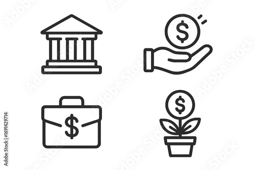 Finance icon set. Banking, investment, profit, and growth concepts. Line art for business. Money symbol, dollar, bank, briefcase, growing money plant. Vector illustration.