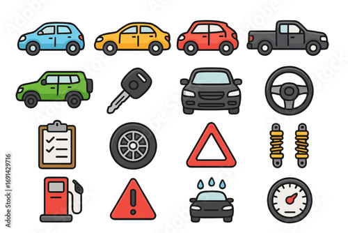 Car icon set collection of vehicle symbols for automotive design. Vector cartoon illustration of auto transport elements like key, wheel, steering, gas pump, warning sign.