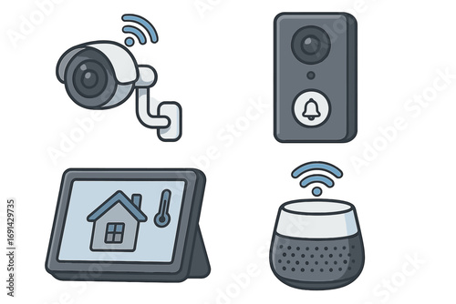Smart home device icon set. Home automation system collection. Internet of things concept. Vector icons for security, convenience. Wireless technology, CCTV camera, doorbell, voice assistant.