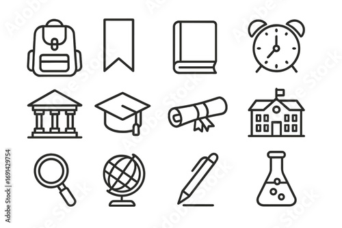Education & learning outline icon pack. School, university, college linear symbols. Graduation cap, diploma, book, globe, backpack, science. Study vector pictograms for web.