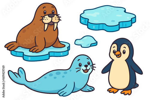 Cute cartoon polar animal set. Walrus, seal, and penguin characters on ice floes. Playful vector illustration for kids. Isolated winter wildlife collection for children.