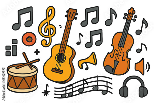 Music doodles set. Collection of cartoon musical instruments and symbols. Hand-drawn vector icons like guitar, violin, drum, notes, and treble clef for audio concepts.