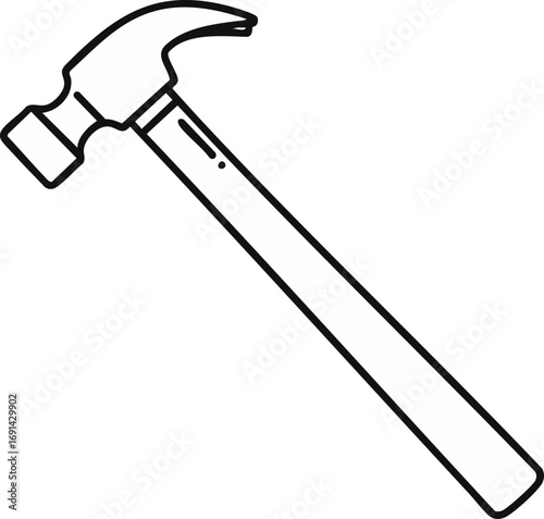 A classic carpenter's claw hammer, depicted in a clean and simple black and white line art style, perfect for various design projects and educational materials.