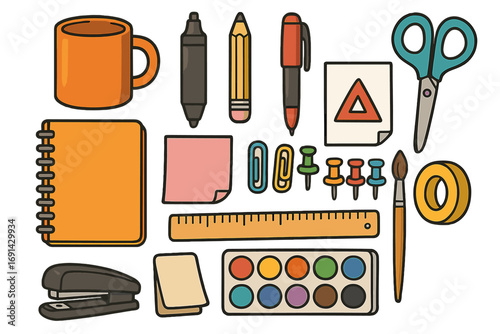 Office supplies and school stationery set. Vector cartoon icons for creative projects and organization. Back to school essentials, desk tools, and art supplies collection.