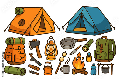 Set of camping equipment for outdoor adventure and hiking. Vector cartoon collection of travel items like tent, backpack, campfire, lantern. Tourism and trekking gear icons.