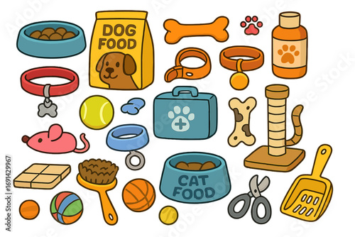 Pet supplies for cat and dog. Colorful vector cartoon collection of pet shop equipment. Food, toys, collar, bone, scratching post, first aid kit, pet care concept.