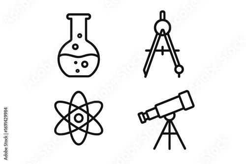 Science line icon set. Physics, chemistry, astronomy, math symbols. Atom, laboratory flask, geometry compass, telescope vector icons for education, research, discovery.