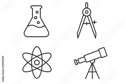 Science line icon pack. Vector outline symbols for education and research. Minimalist collection with laboratory flask, atom, telescope, compass. Chemistry, physics, astronomy.