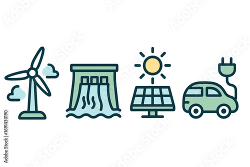 Renewable energy icon set with wind turbine, hydroelectric dam, solar panel, and electric car. Clean, green, sustainable power concept. Vector illustration symbols.