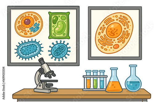 Biology education illustration. Science laboratory desk with microscope, test tubes. Posters of animal cell, plant cell, bacterium, virus structure. Microbiology research concept.