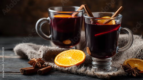 Mulled Wine with Cinnamon Sticks and Orange Slices: Cozy Rustic Drink Photography for Winter Festive Season