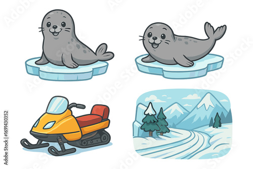 Winter cartoon vector set. Cute seal animal on ice floe, snowmobile transport, and arctic snow mountain landscape. Nature, travel, and adventure concept illustrations.