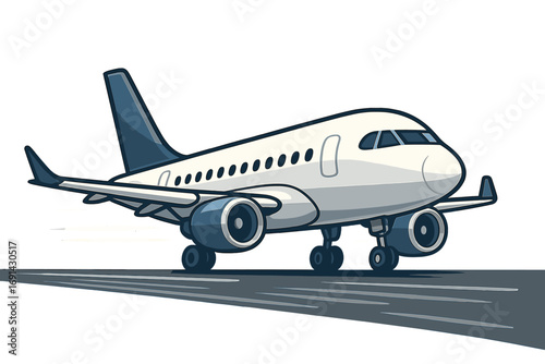 Commercial passenger jet airplane taking off on a runway. Modern aircraft in motion. Aviation and air travel concept. Airline transport flight. Cartoon vector illustration isolated.