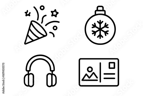 Party and holiday line icon set. Popper, Christmas ornament, headphones, and postcard vector icons. Celebration, music, and travel concepts for app, web design, and UI.