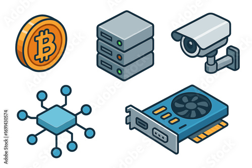 Isometric technology icon set. Bitcoin crypto coin, data server, security camera, network hub, graphics card hardware. Vector cartoon illustration for web and mobile apps.