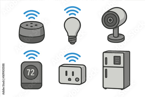 Smart home technology icon set. Vector cartoon illustration of internet of things devices and appliances. Home automation concept with speaker, light, camera, thermostat, plug.