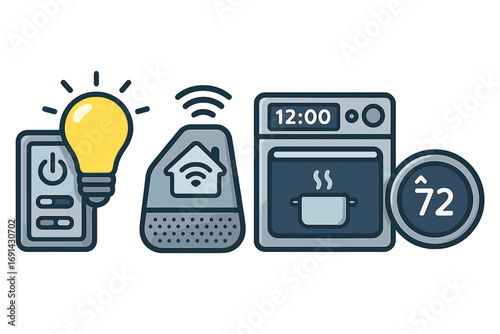 Smart home automation icon set. Internet of things (IoT) concept with smart speaker, light control, thermostat and appliance. Remote wireless house system technology vector.