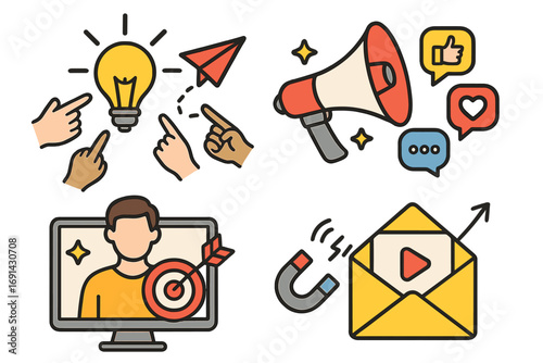 Digital marketing icon set. Creative strategy for audience engagement. Social media promotion, targeted advertising, email campaign, and lead generation vector illustration.