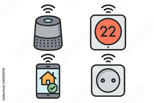 Smart home technology icon set with devices for home automation. Vector icons of smart speaker, thermostat, phone app control and plug. Internet of Things (IoT) concept cartoon.