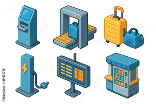 Set of isometric airport and travel icons. Includes security gate, luggage scanner, baggage, self-service kiosk, charging station, flight information board and vending machine.